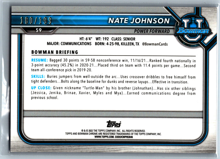 2021-22 Bowman University #59 Nate Johnson Blue #/199