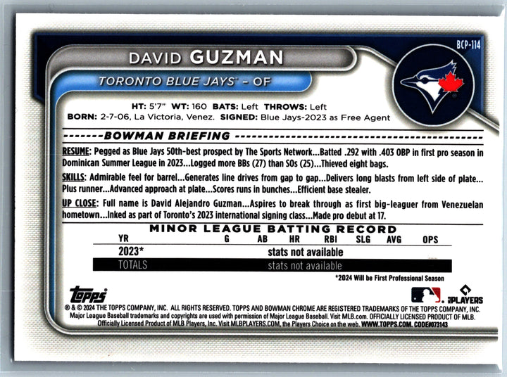 2024 Bowman #BCP-114 David Guzman Prospects Purple RayWave Refractors #/250