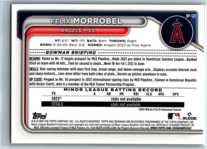 2024 Bowman #BCP-121 Felix Morrobel Prospects Yellow Lunar Refractors #/75