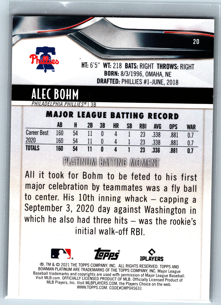 2021 Bowman Platinum #20 Alec Bohm Green #/99