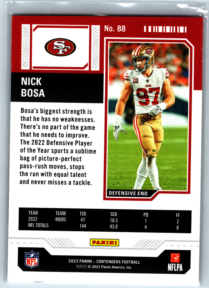 2023 Panini Contenders #88 Nick Bosa Game Ticket Blue #/499