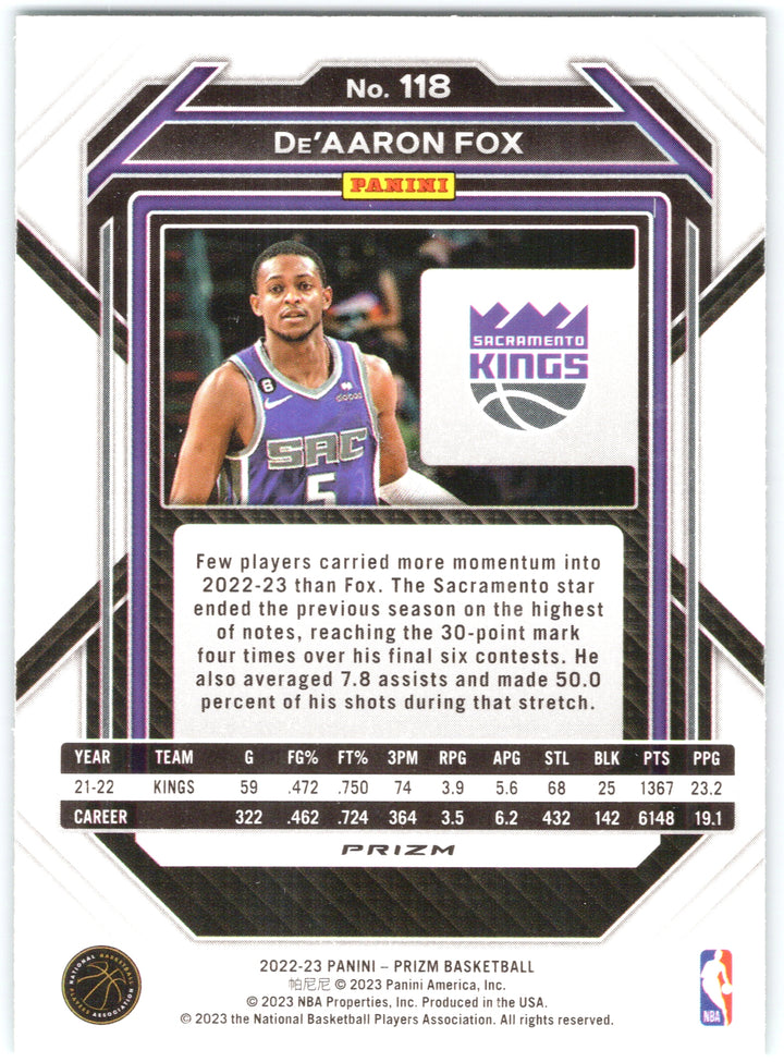 2022-23 Panini Prizm #118 De'Aaron Fox Prizms Green