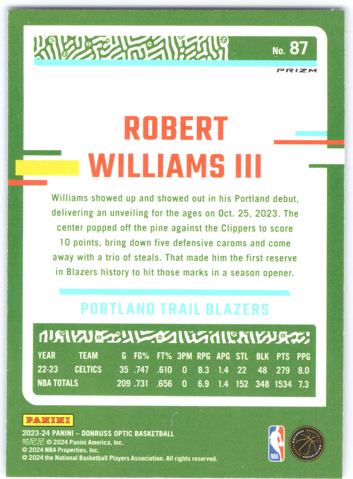 2023-24 Donruss Optic #87 Robert Williams III Blue Velocity