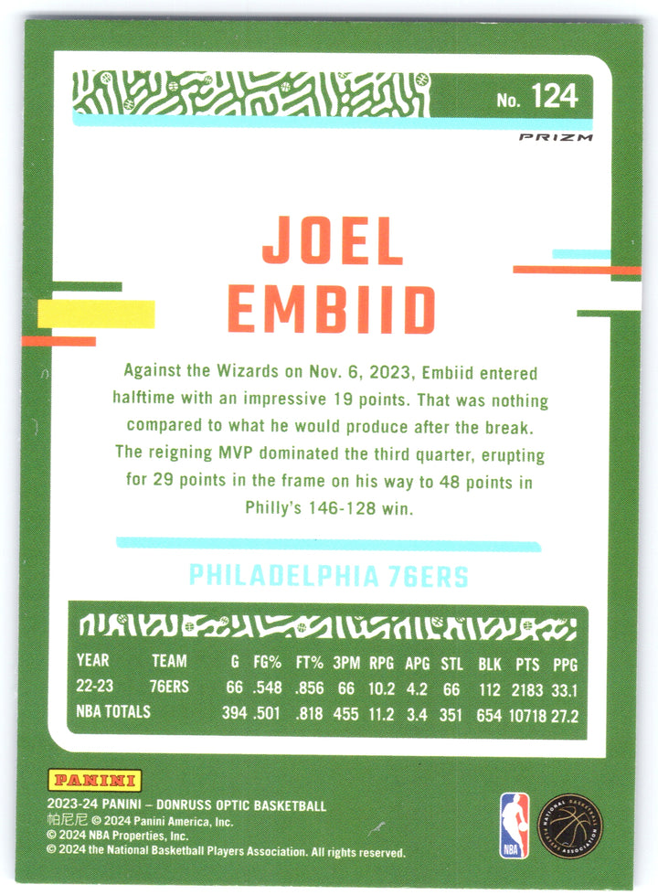 2023-24 Donruss Optic #124 Joel Embiid Blue Velocity