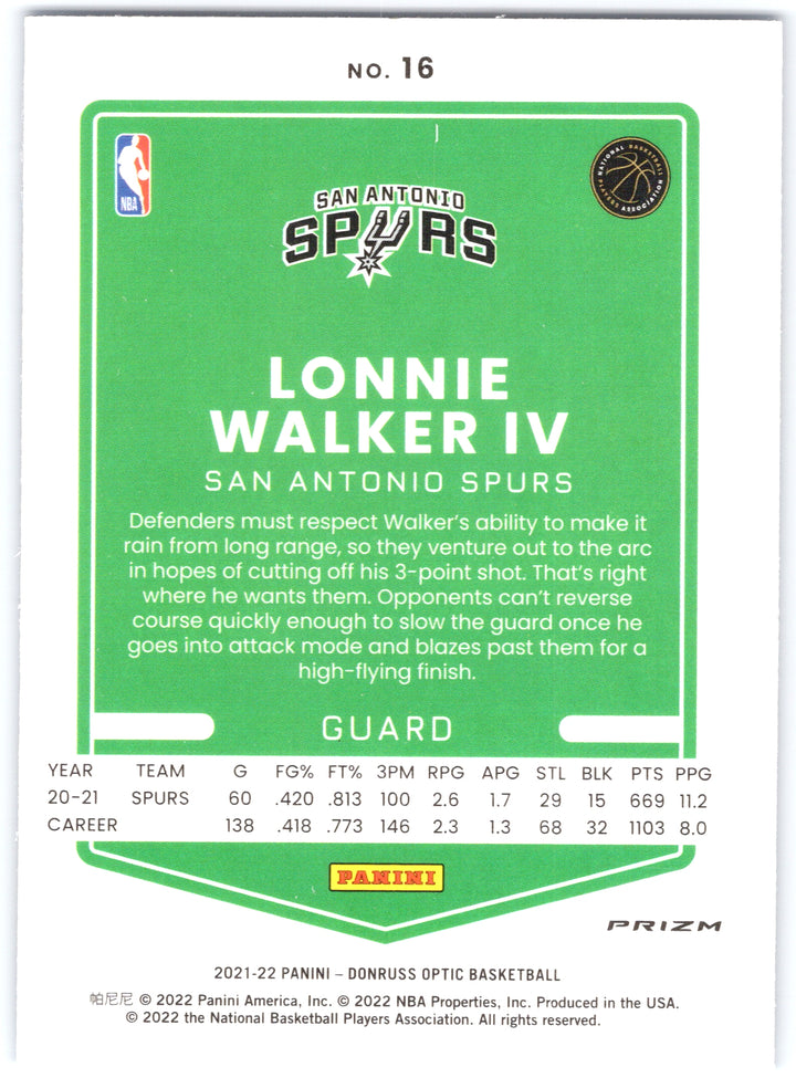 2021-22 Donruss Optic #16 Lonnie Walker IV Blue Velocity