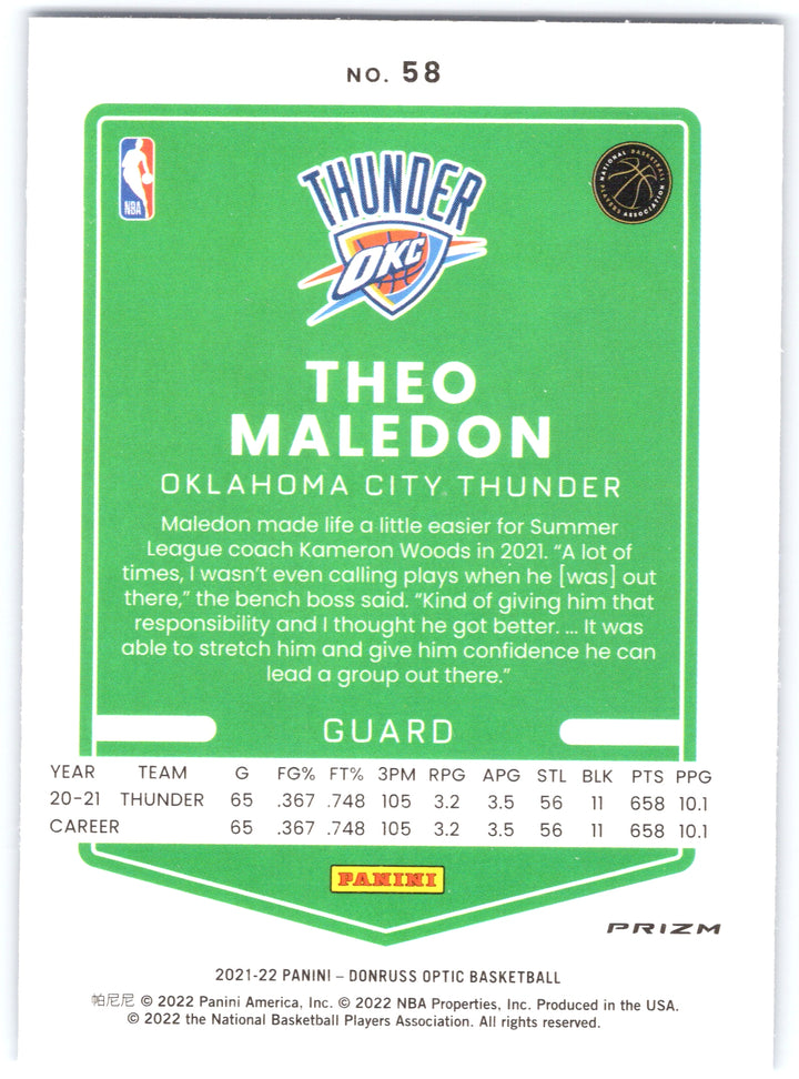 2021-22 Donruss Optic #58 Theo Maledon Blue Velocity