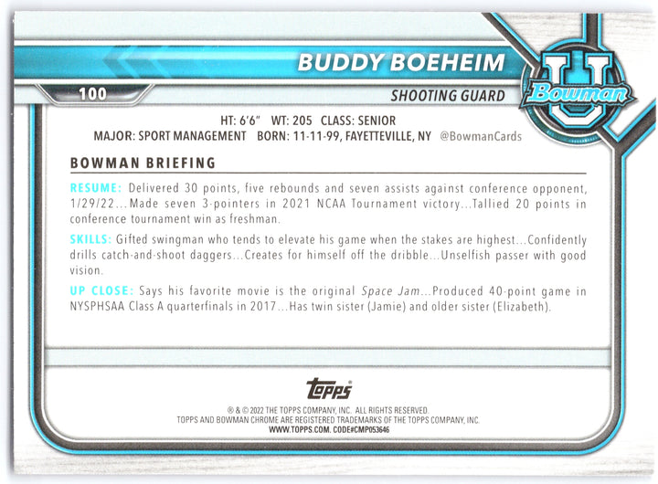 2021-22 Bowman University #100 Buddy Boeheim Pink