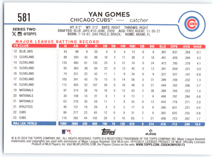 2024 Topps #581 Yan Gomes