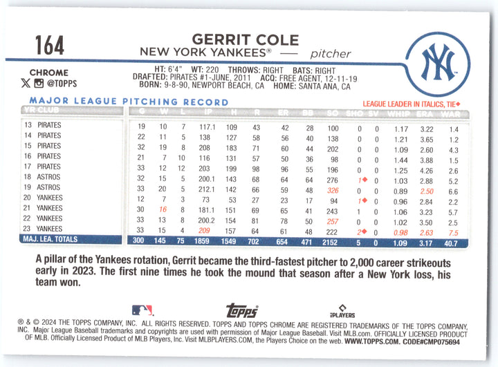 2024 Topps #100 Gerrit Cole Rainbow Foil