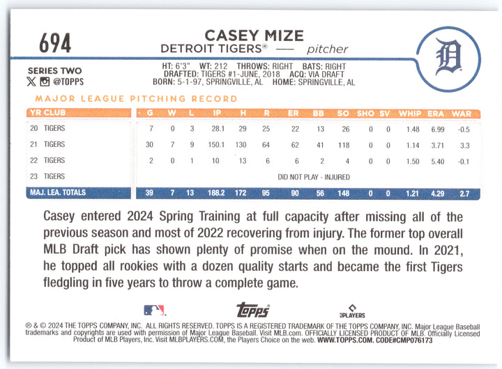 2024 Topps #694 Casey Mize Royal Blue