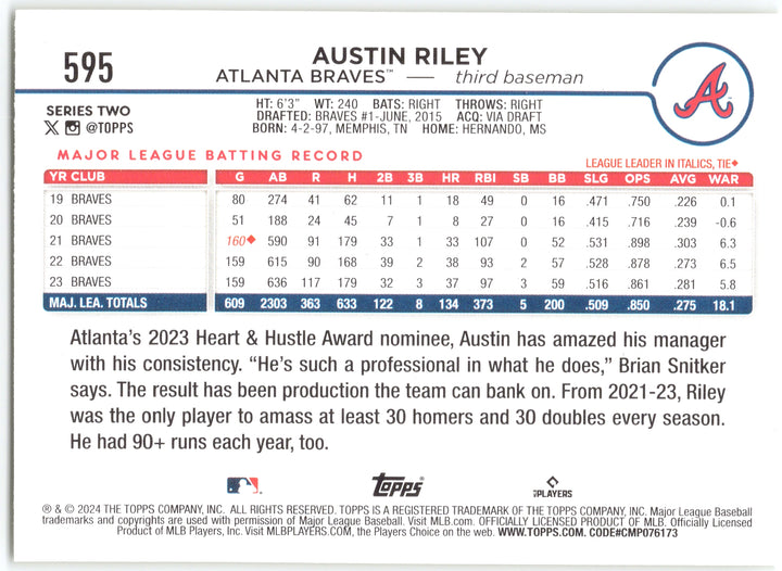 2024 Topps #595 Austin Riley Yellow