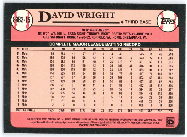 2024 Topps #89B2-15 David Wright 1989 Topps Baseball 35th Anniversary Foil