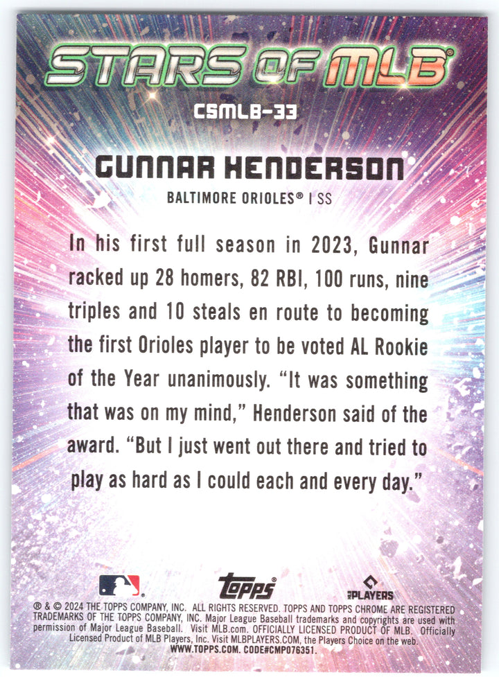 2024 Topps #CSMLB-33 Gunnar Henderson Stars of MLB Chrome