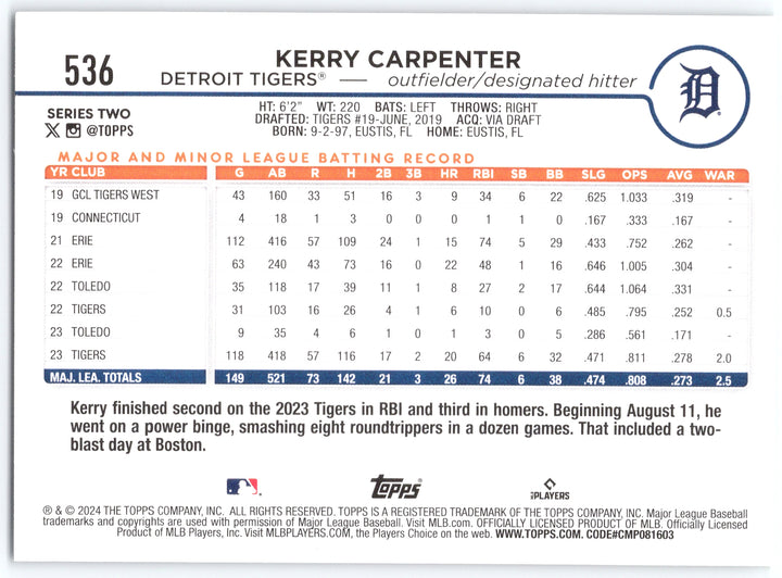 2024 Topps #536 Kerry Carpenter Holiday