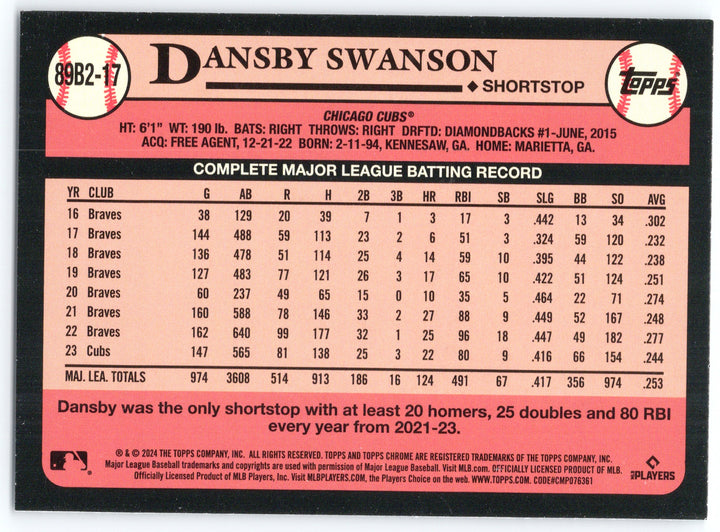 2024 Topps #89B2-17 Dansby Swanson 1989 Topps Baseball 35th Anniversary Foil