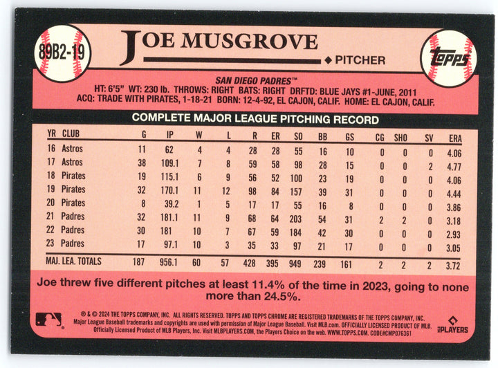 2024 Topps #89B2-19 Joe Musgrove 1989 Topps Baseball 35th Anniversary Foil