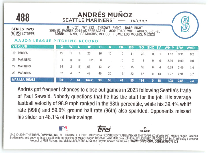 2024 Topps #488 Andrés Muñoz Yellow