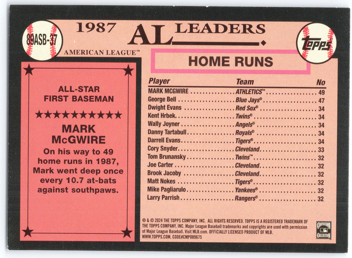 2024 Topps #89ASB-37 Mark McGwire 1989 Topps Baseball 35th Anniversary Foil