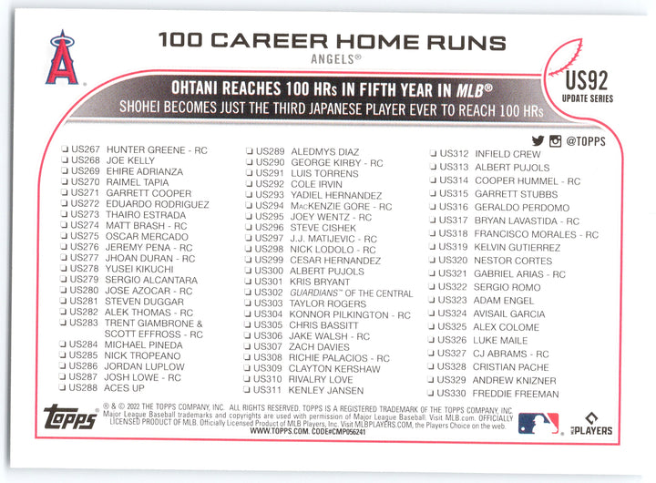 2022 Topps Update #US92 100 Career Home Runs (Shohei Ohtani)