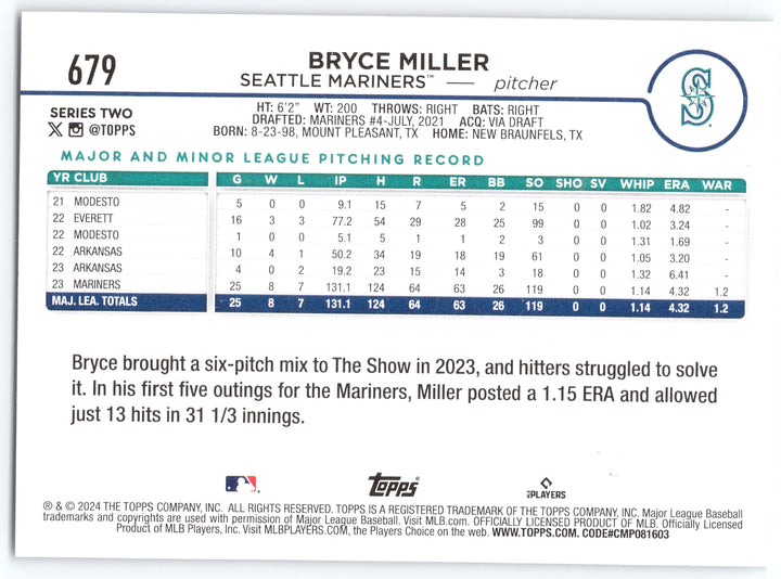 2024 Topps #679 Bryce Miller Holiday