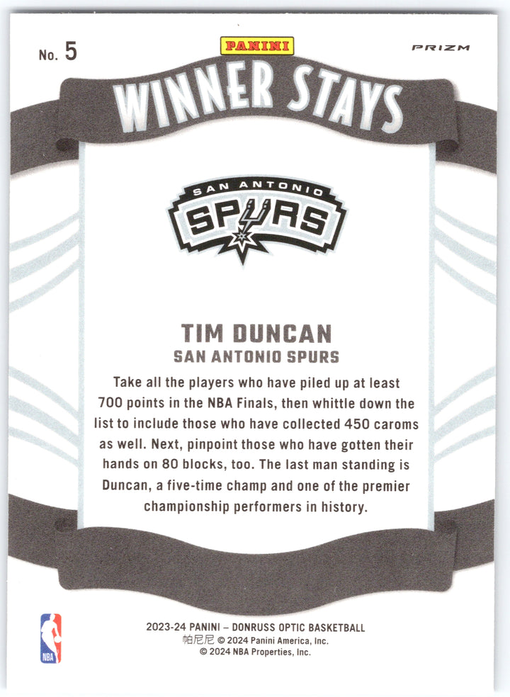 2023-24 Donruss Optic #5 Tim Duncan Winner Stays