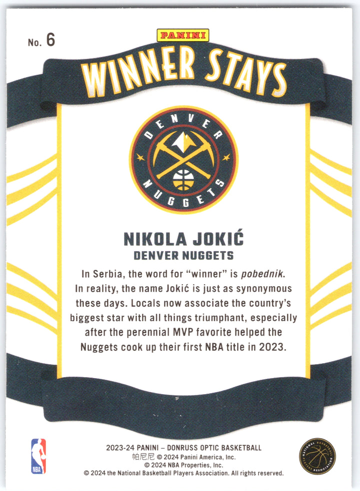 2023-24 Donruss Optic #6 Nikola Jokic Winner Stays