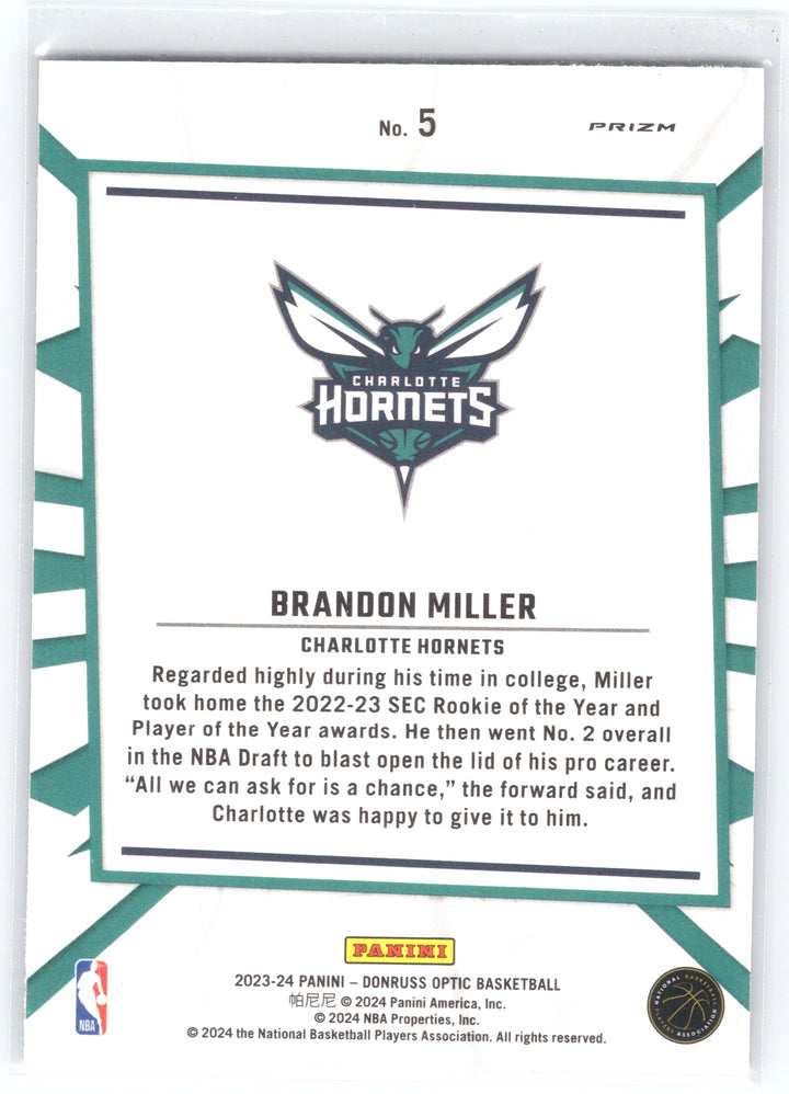 2023-24 Donruss Optic #5 Brandon Miller My House Purple