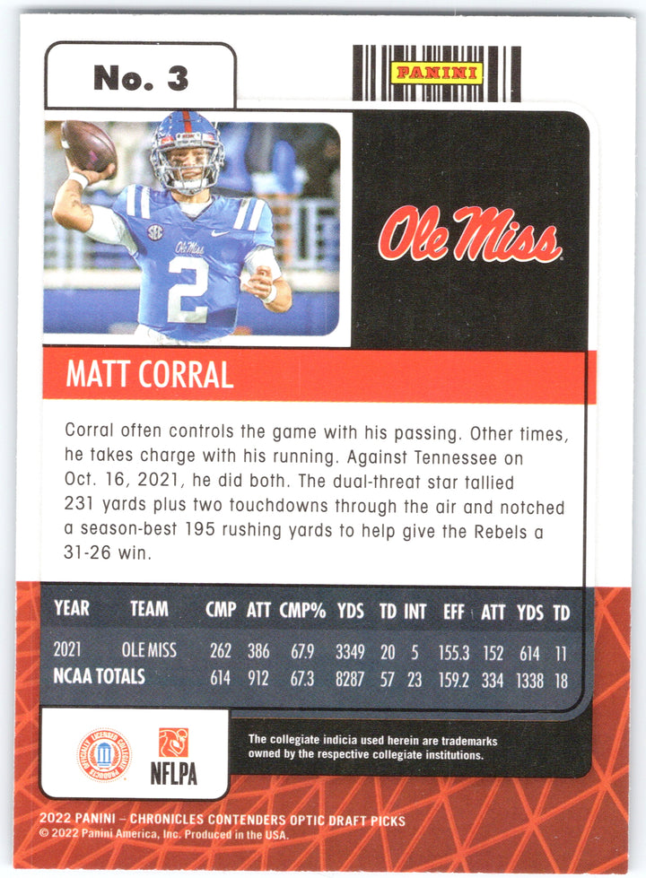 2022 Panini Chronicles Draft Picks #3 Matt Corral Contenders Optic