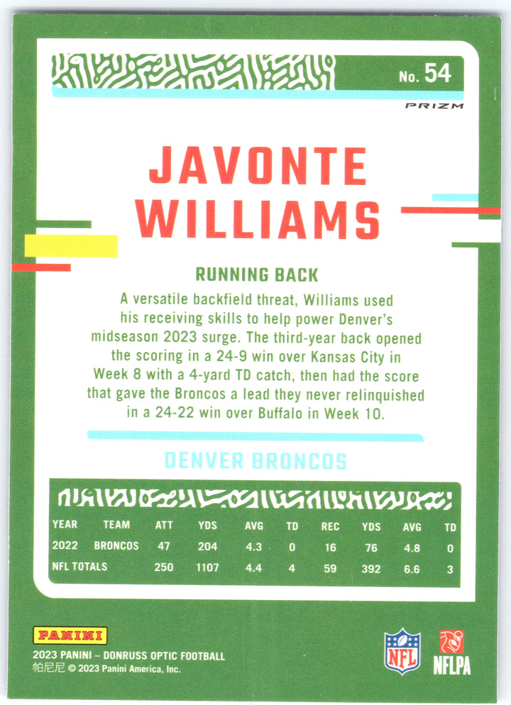 2023 Donruss Optic #54 Javonte Williams Blue Stars