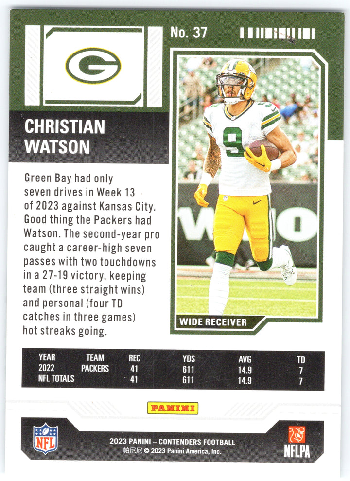 2023 Panini Contenders #37 Christian Watson Game Ticket Green #/175