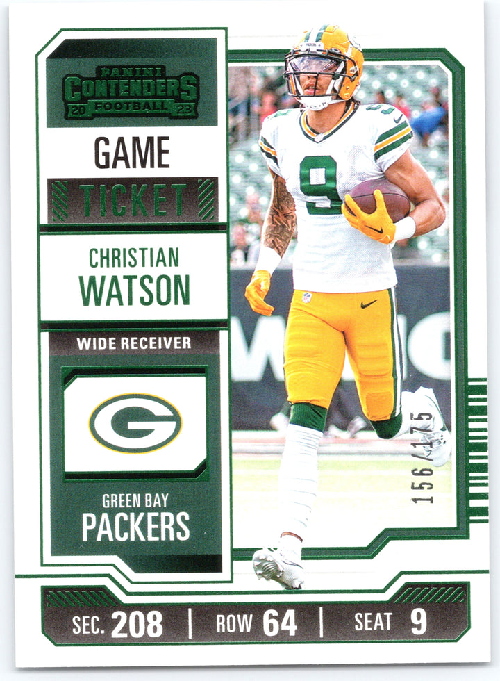 2023 Panini Contenders #37 Christian Watson Game Ticket Green #/175