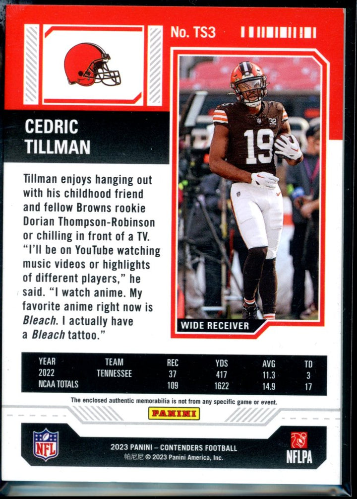 2023 Panini Contenders #TS3 Cedric Tillman Rookie Ticket Swatches