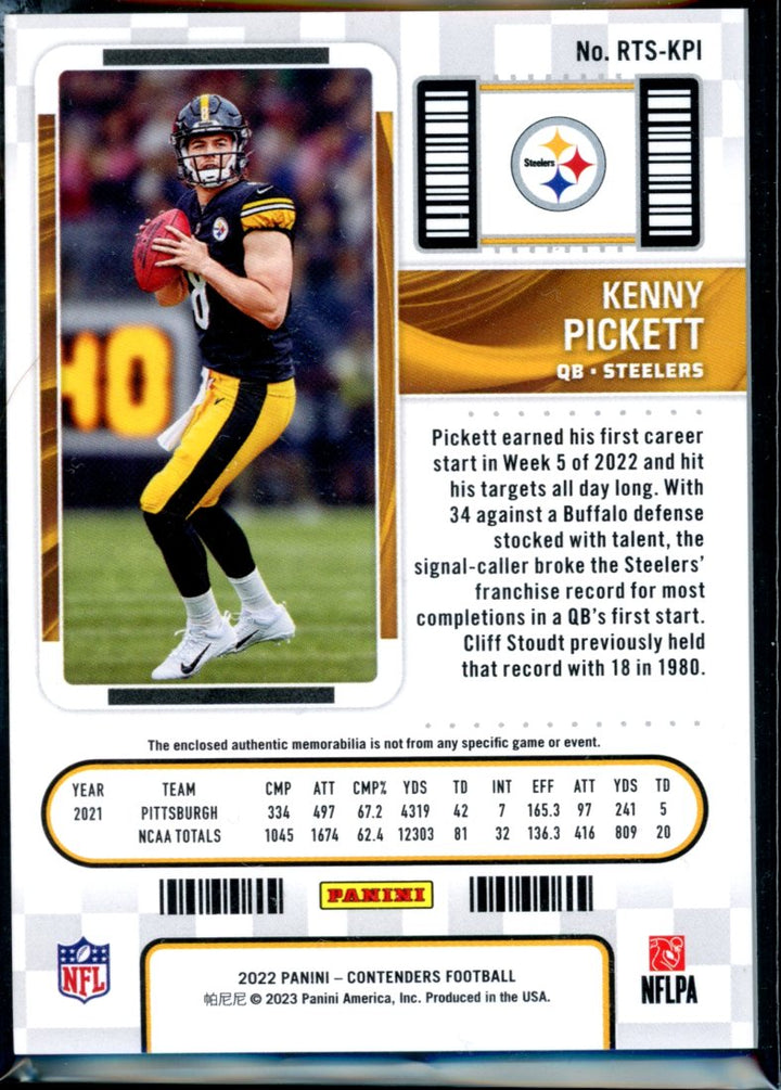 2022 Panini Contenders #RTS-KPI Kenny Pickett Rookie Ticket Swatches