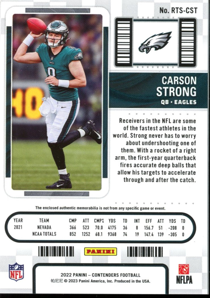 2022 Panini Contenders #RTS-CST Carson Strong Rookie Ticket Swatches