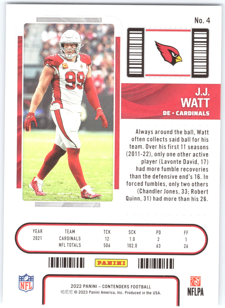 2022 Panini Contenders #4 J.J. Watt