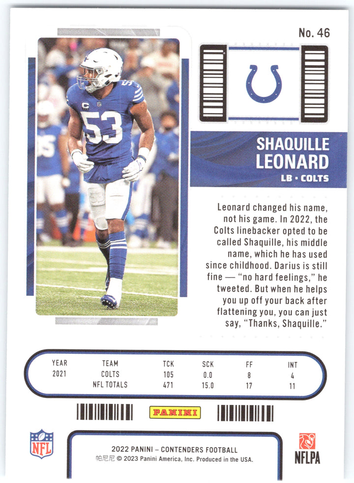 2022 Panini Contenders #46 Shaquille Leonard