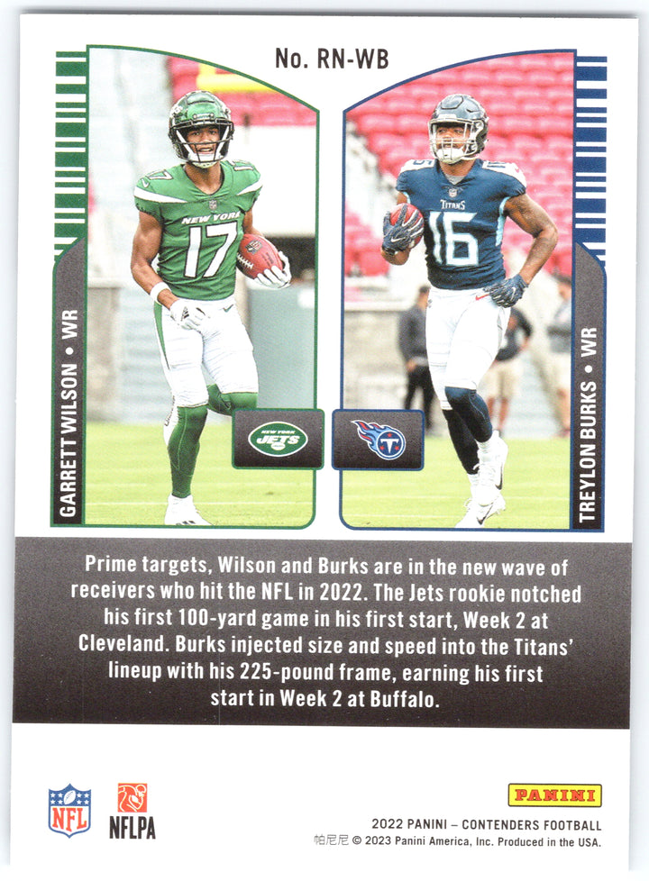 2022 Panini Contenders #RN-WB Garrett Wilson / Treylon Burks Round Numbers